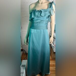 Vintage Teal ruffle one strap maxi dress